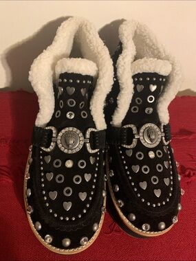 Kurt Geiger Black Studded Heart Suede Slip-On with Shearling